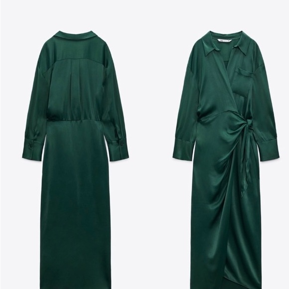 Zara NWT long sleeve silk green wrap dress - Picture 2 of 10